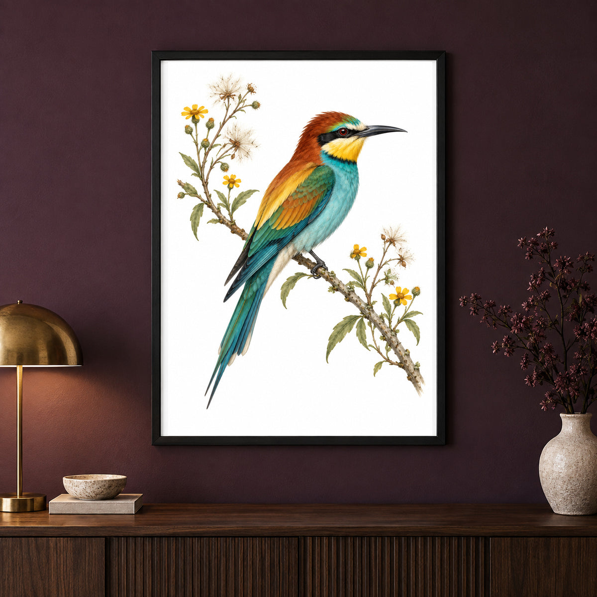 Sunlit Bee-Eater – Vintage Bird Print displayed in a black frame on a dark interior wall