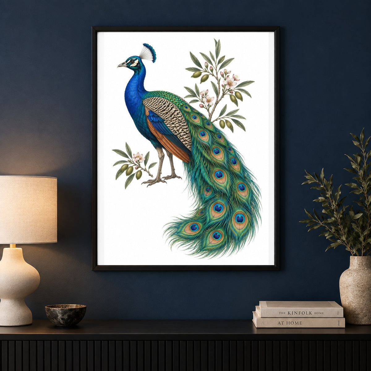 Velvet Crown – Vintage Peacock Bird Print displayed in a black frame on a dark interior wall