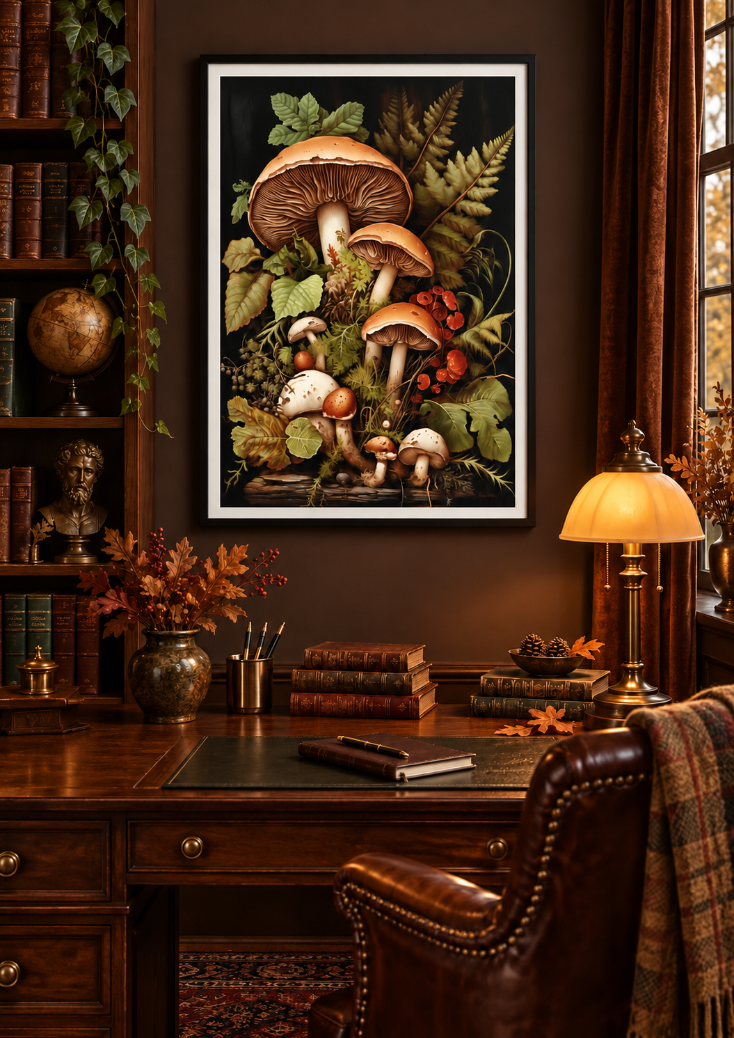 Autumn Mushroom Study art print in a cosy dark-academia study