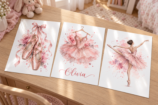 Three unframed pink ballet prints on glossy card, including a personalised name print.