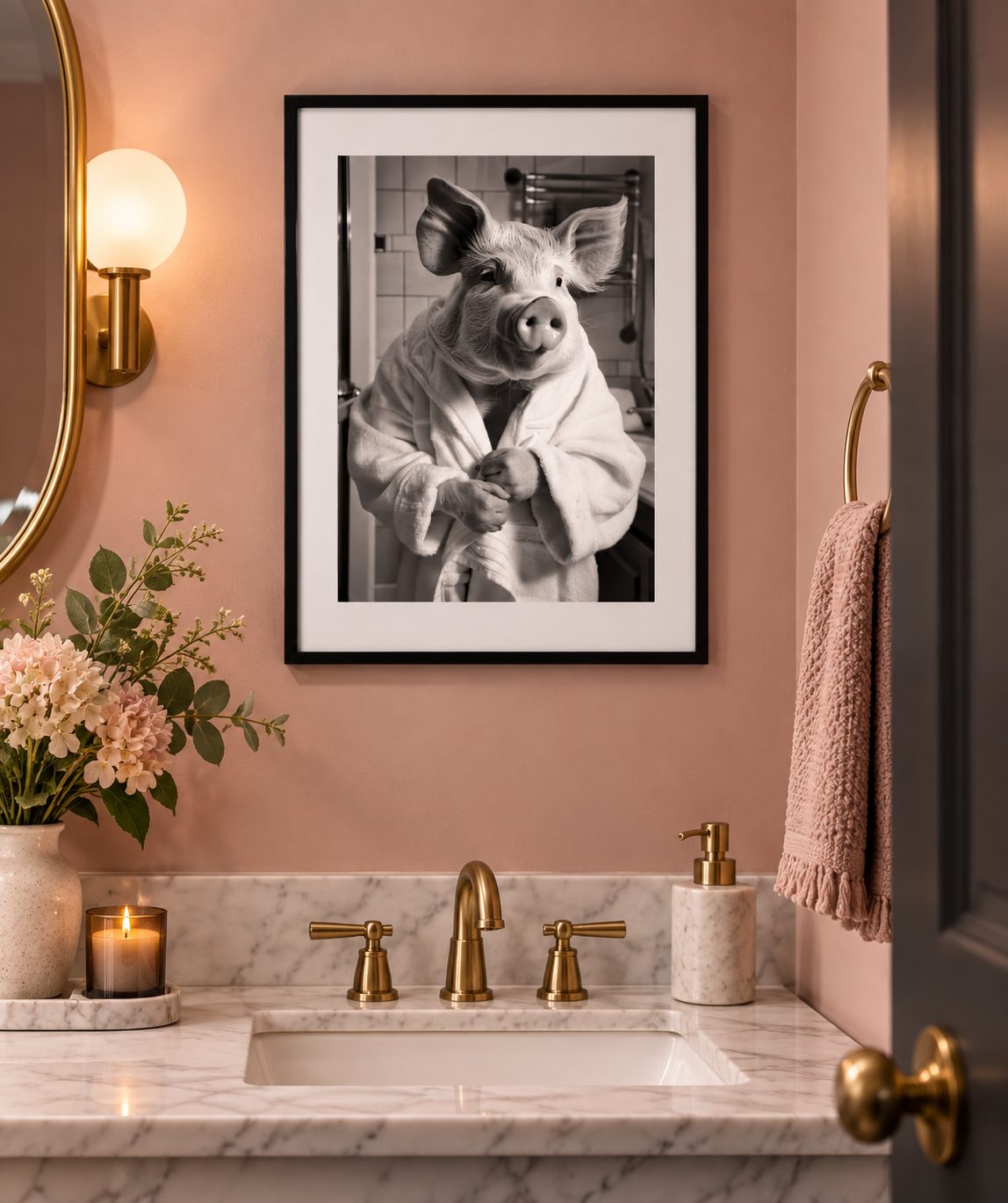 Pig in bathrobe print in a blush bathroom