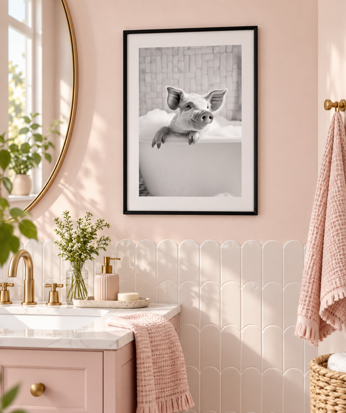Pig in bathtub print in a pink bathroom