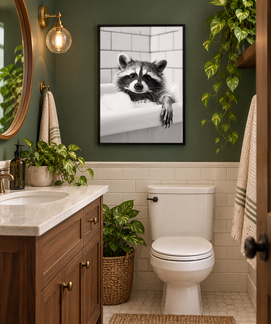 Raccoon bathtub print in a green bathroom