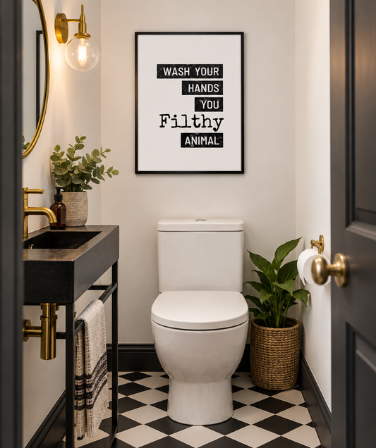 Wash Your Hands You Filthy Animal print in a stylish downstairs toilet