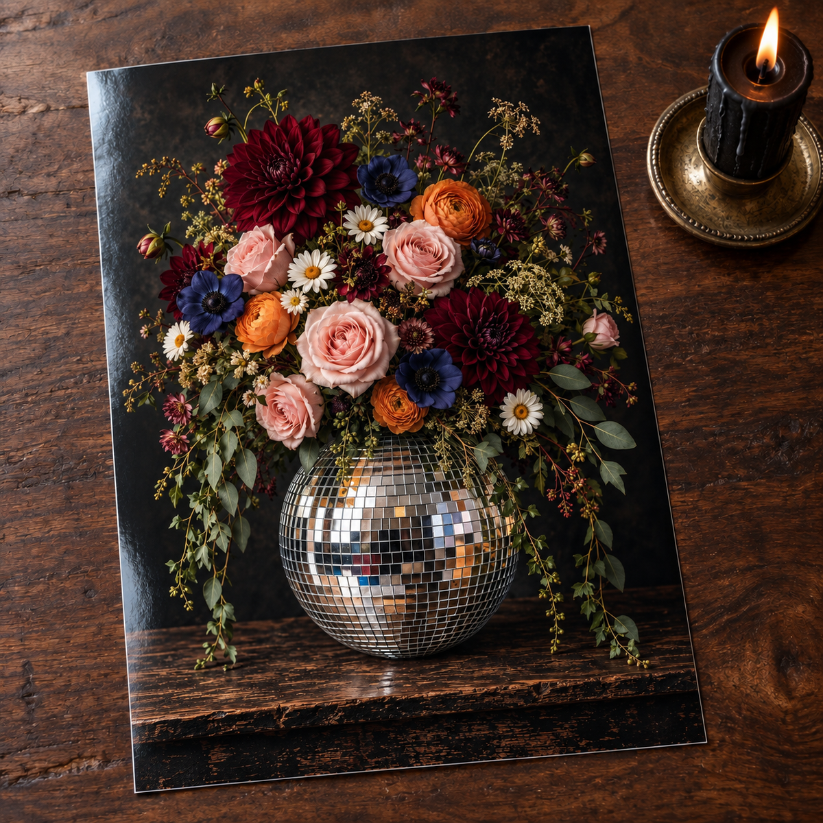 Bloom Boogie — unframed glossy photo card on a wooden table beside a gothic candle