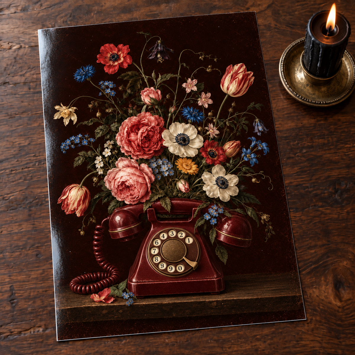 Bloom Calling — unframed glossy photo card on a wooden table beside a gothic candle