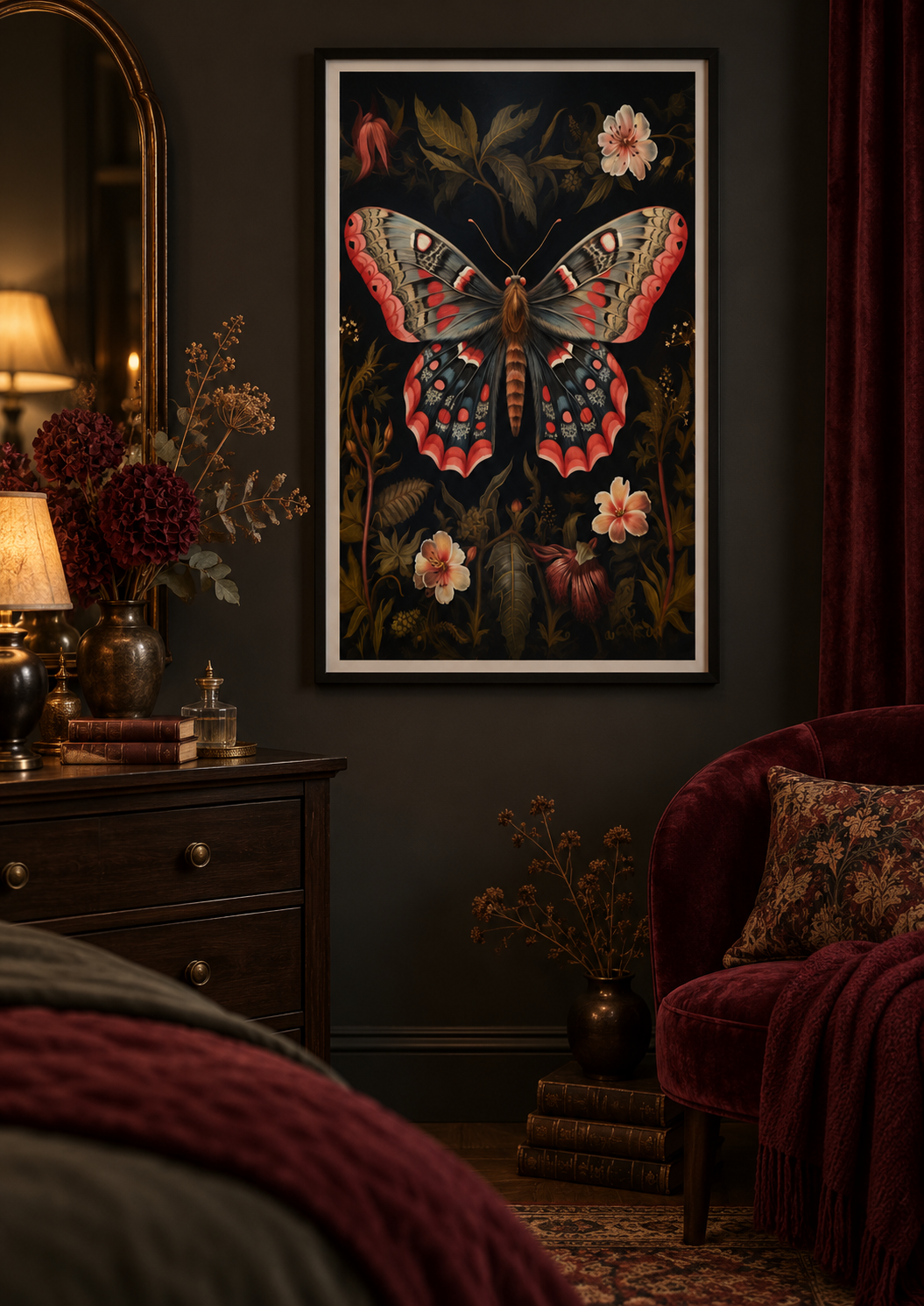 Crimson Moth Botanical art print in a dark-academia bedroom