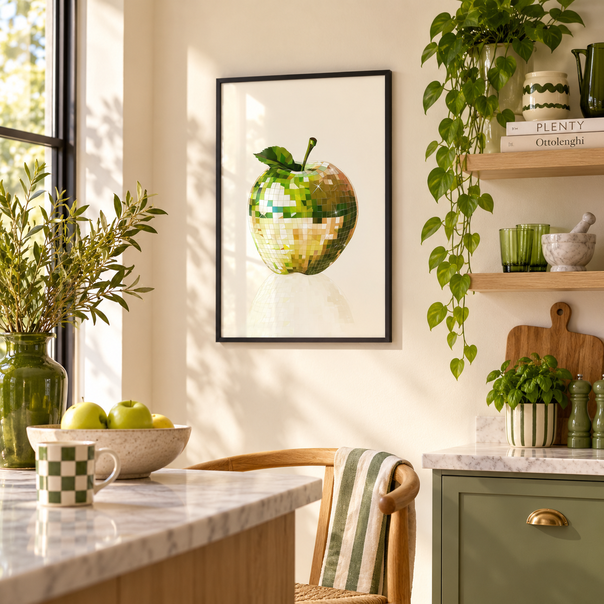 Disco Ball Apple print in a bright kitchen
