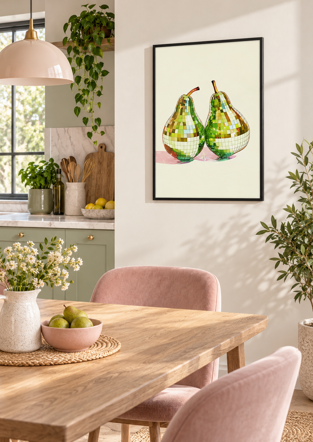Disco Ball Pears wall art in a kitchen dining room