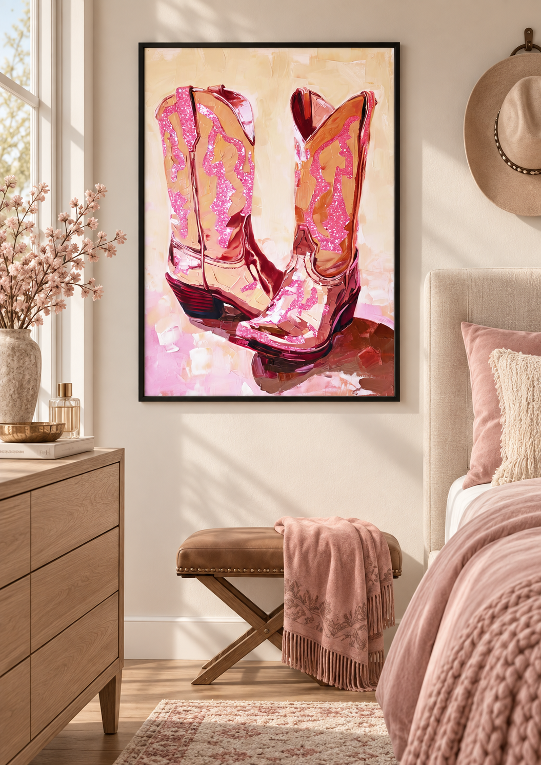 Disco Cowgirl Boots wall art in a stylish bedroom