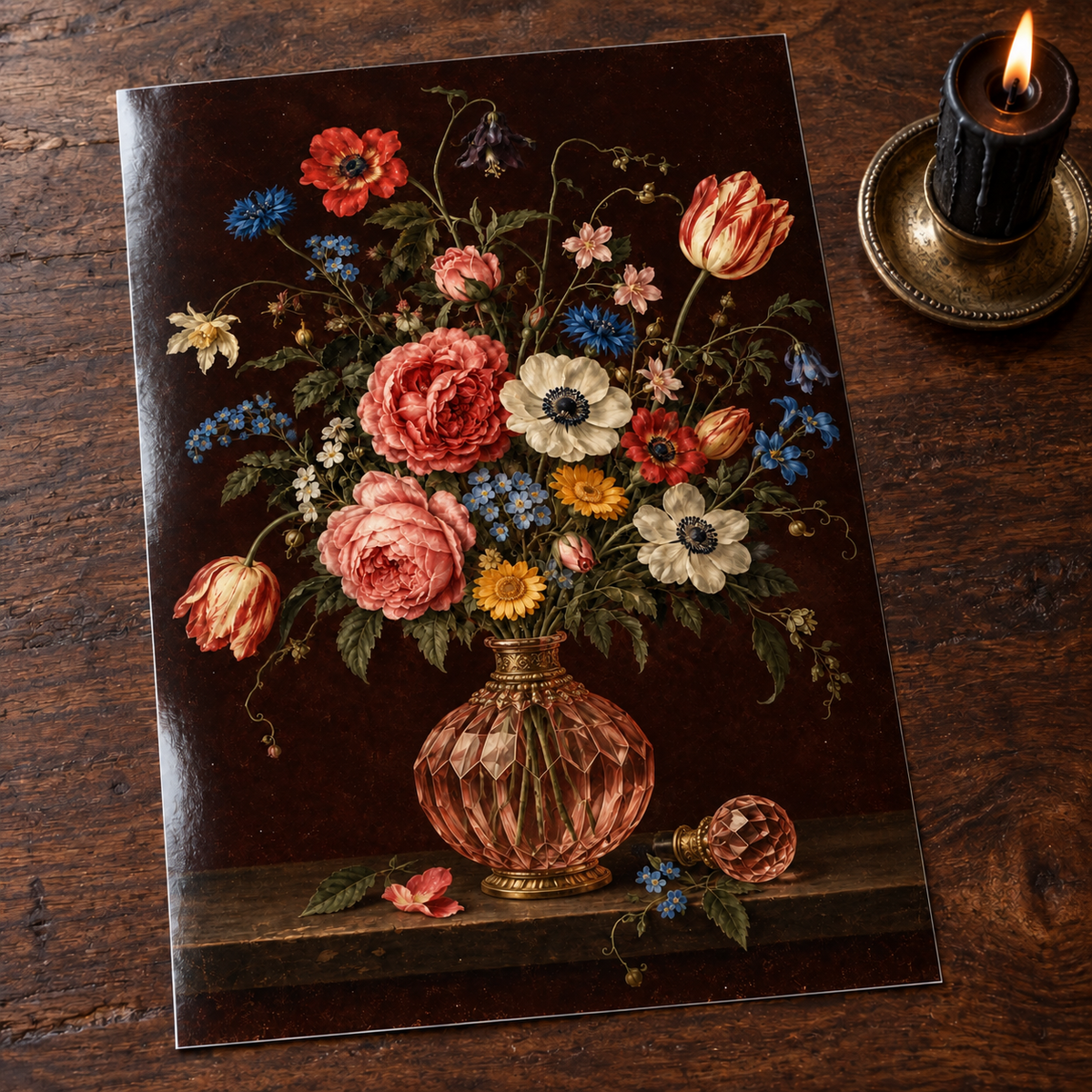 Eau de Bloom — unframed glossy photo card on a wooden table beside a gothic candle