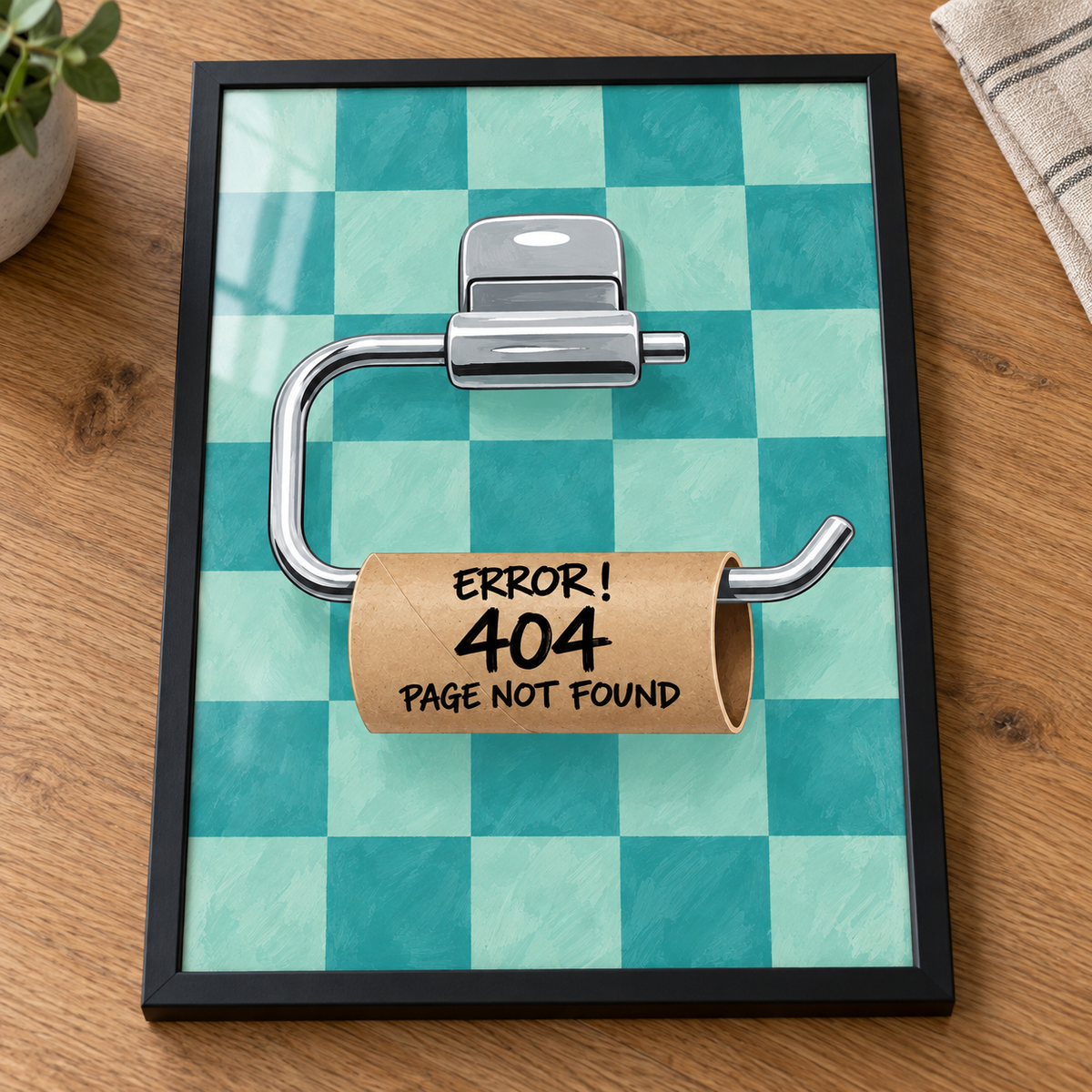 Error 404 toilet roll print in a black frame laid flat on a wooden table