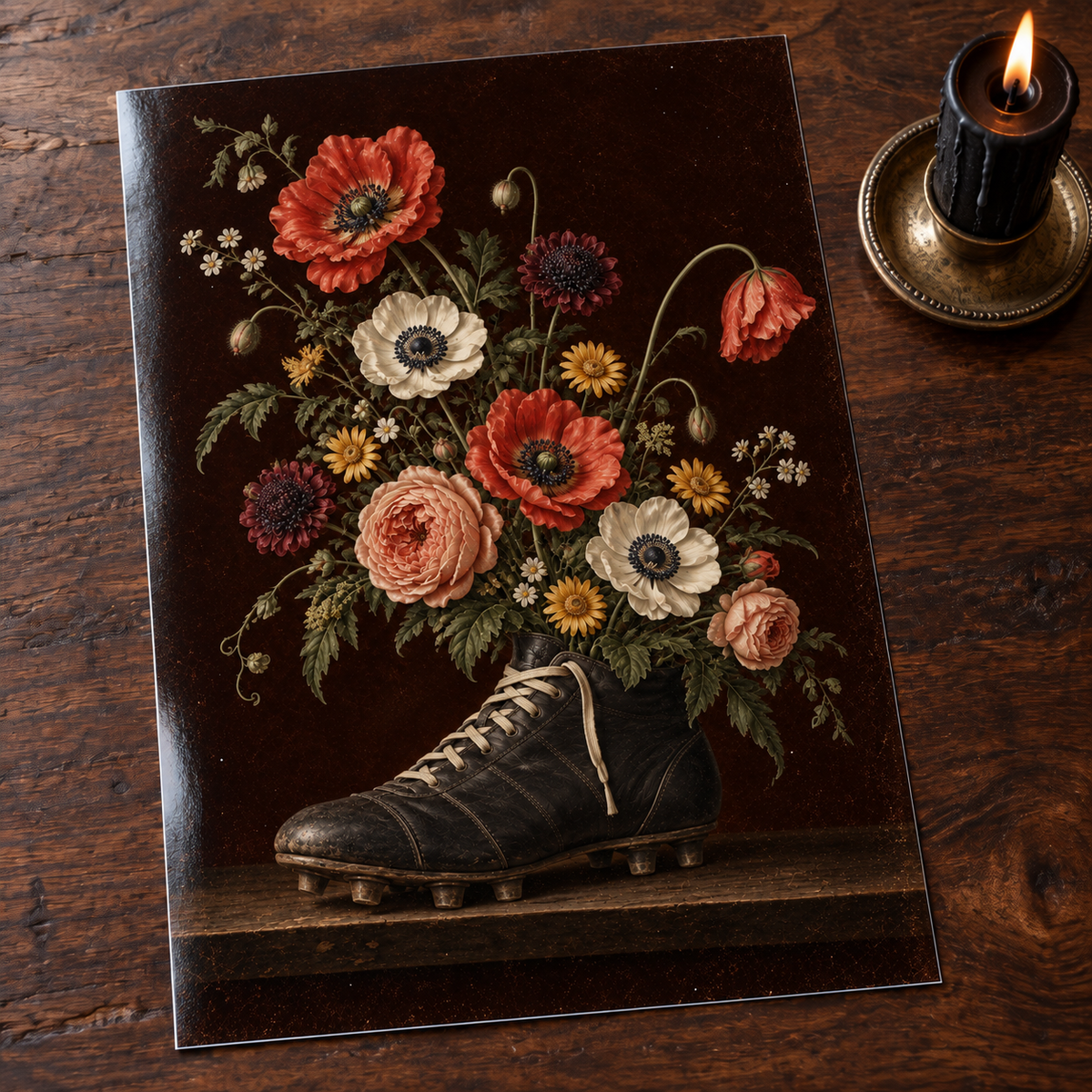 Extra Thyme — unframed glossy photo card on a wooden table beside a gothic candle