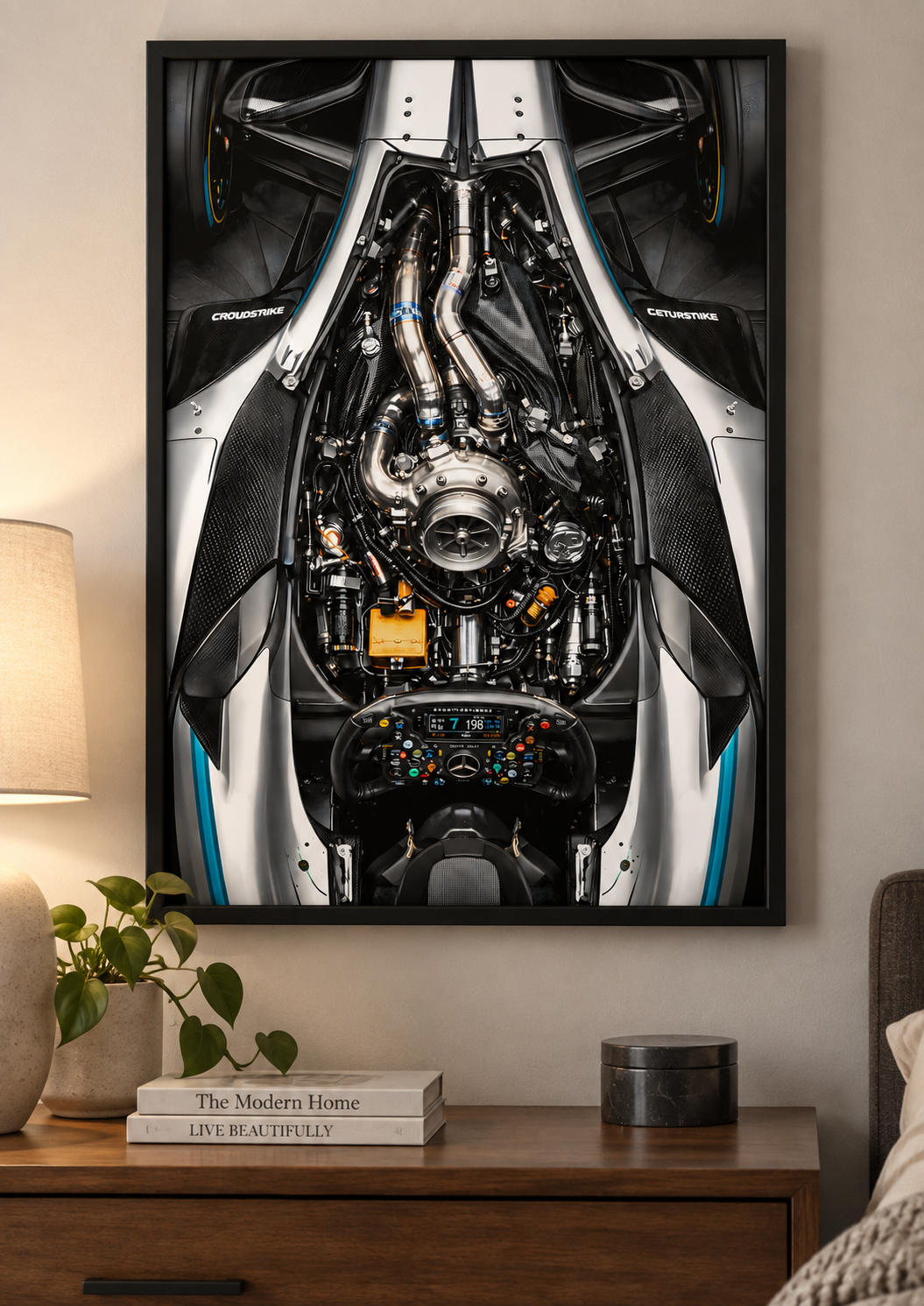 F1 Engine Top View Print framed lifestyle mockup
