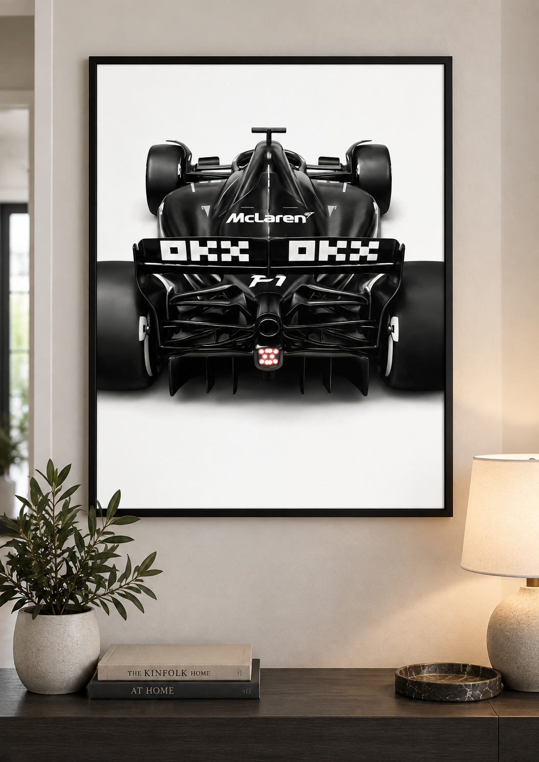 F1 Rear View Black & White Print framed lifestyle mockup