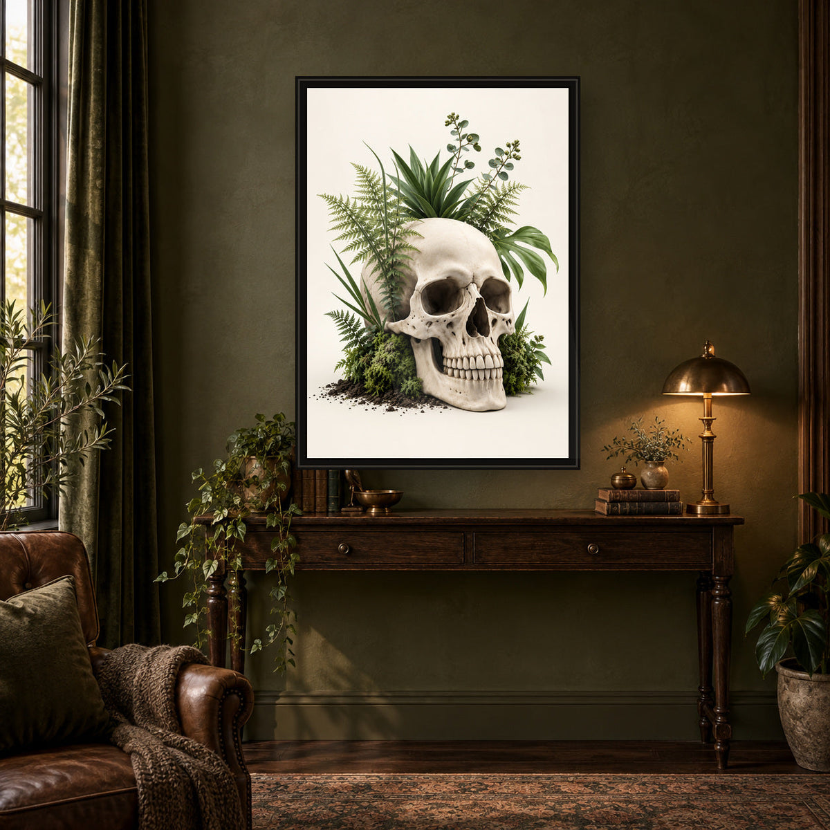 Fern & Eucalyptus Skull Print – lifestyle room mockup