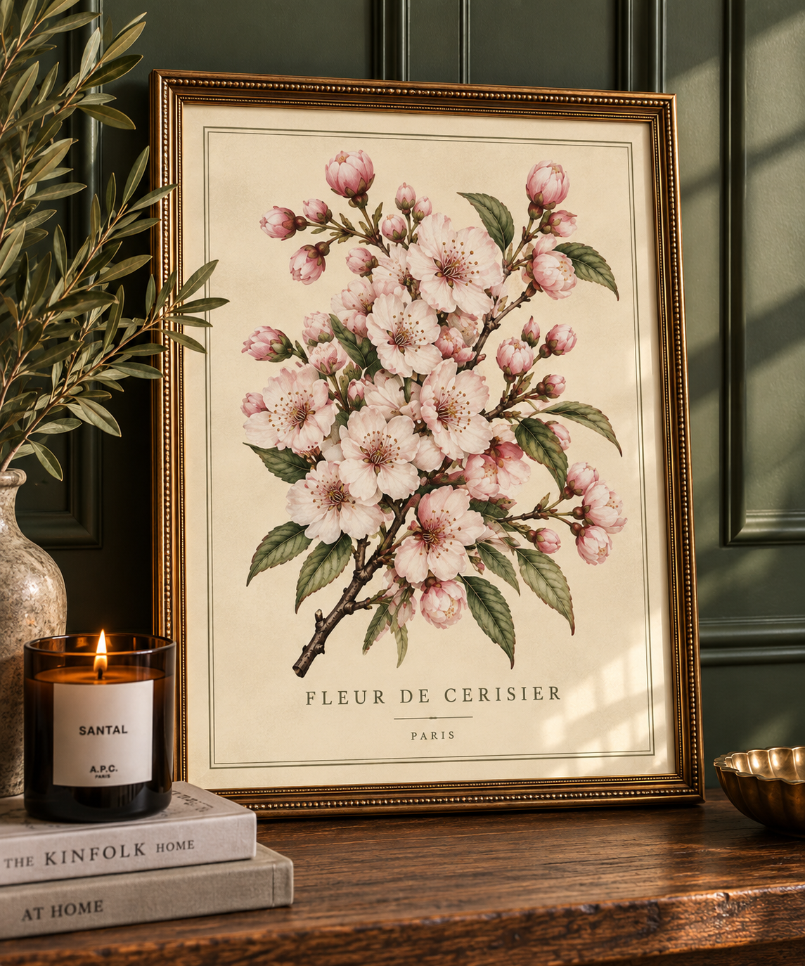 Fleur de Cerisier vintage botanical print in ornate gold frame