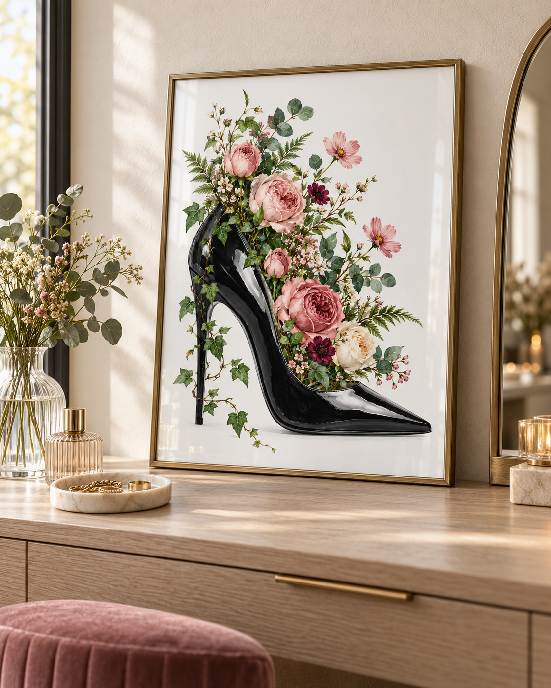 Floral Stiletto Print styled in a dressing room; frame not included
