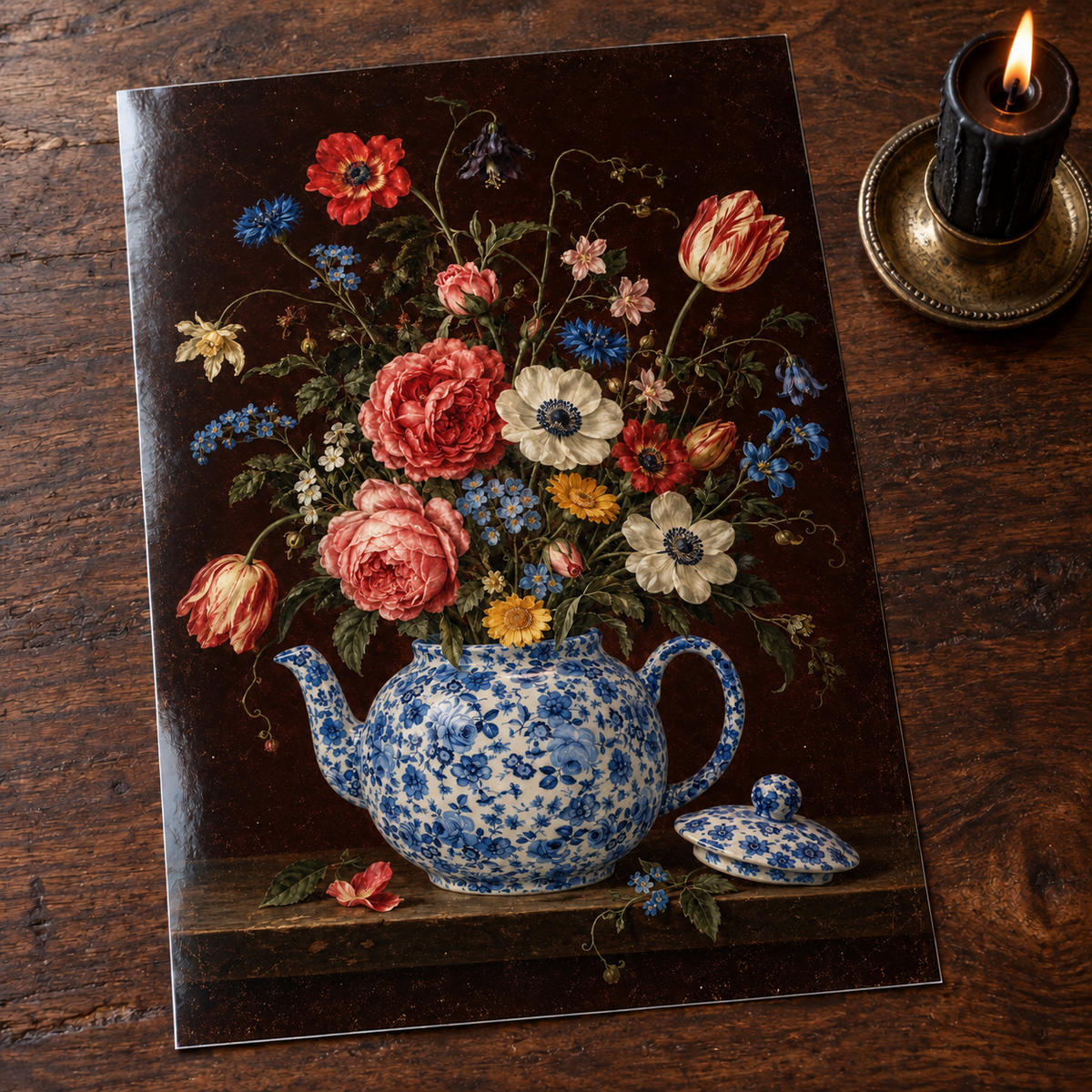 Full Bloom Brew — unframed glossy photo card on a wooden table beside a gothic candle