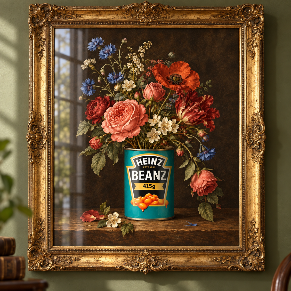 Full of Beanz floral tin print in ornate gold frame