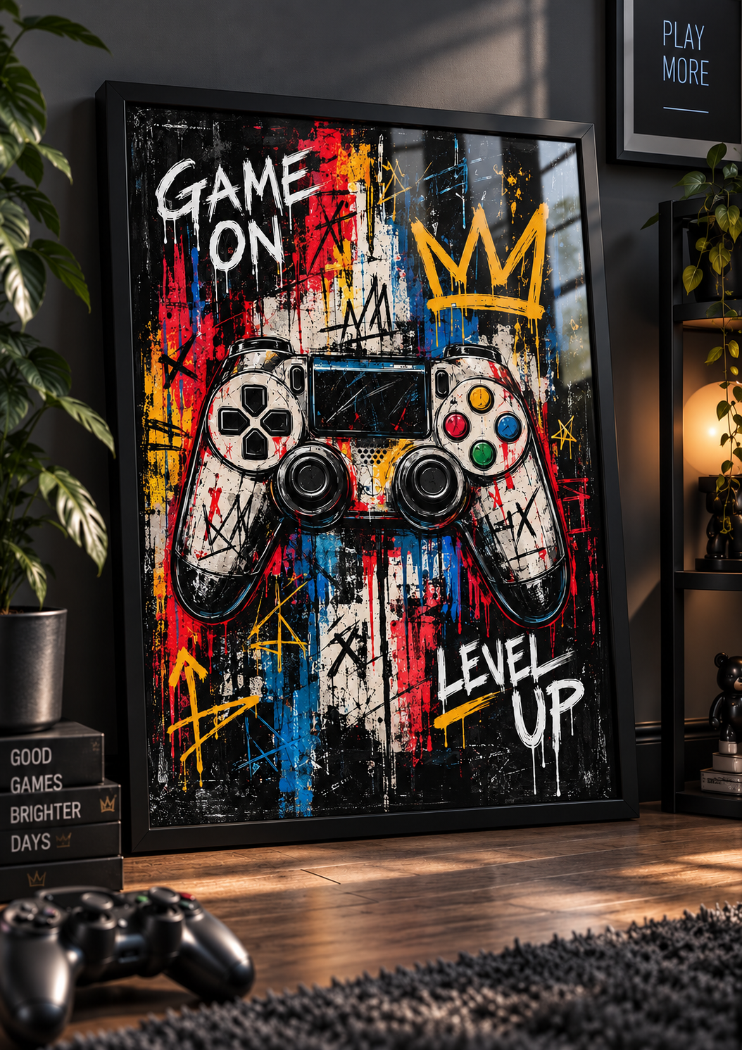 Game On – Level Up Controller Print in a black frame – lifestyle mockup