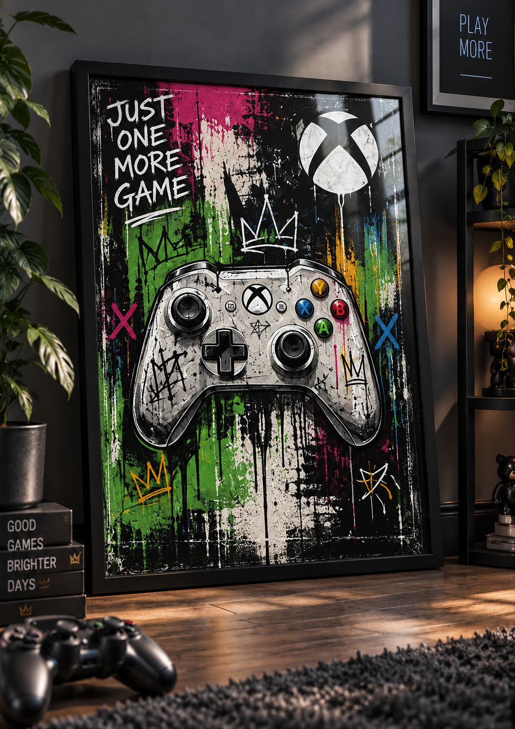 Just One More Game – White Controller Print in a black frame – lifestyle mockup