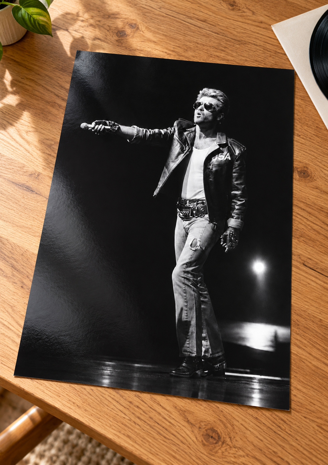 George Michael Take the Mic unframed glossy concert print on an oak table