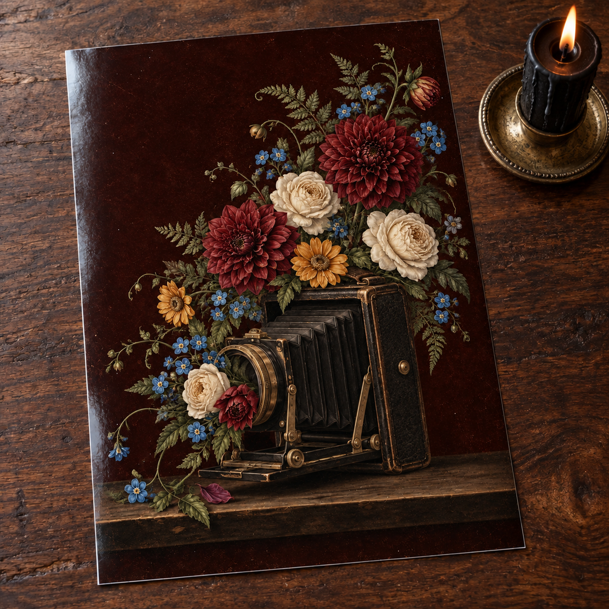 In Full Focus — unframed glossy photo card on a wooden table beside a gothic candle