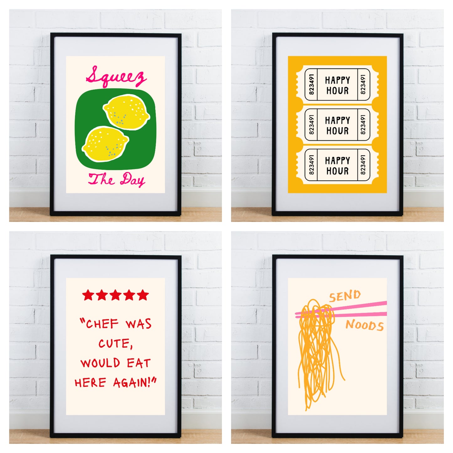 Set of 4 glossy Kitchen prints mix lemon noodles