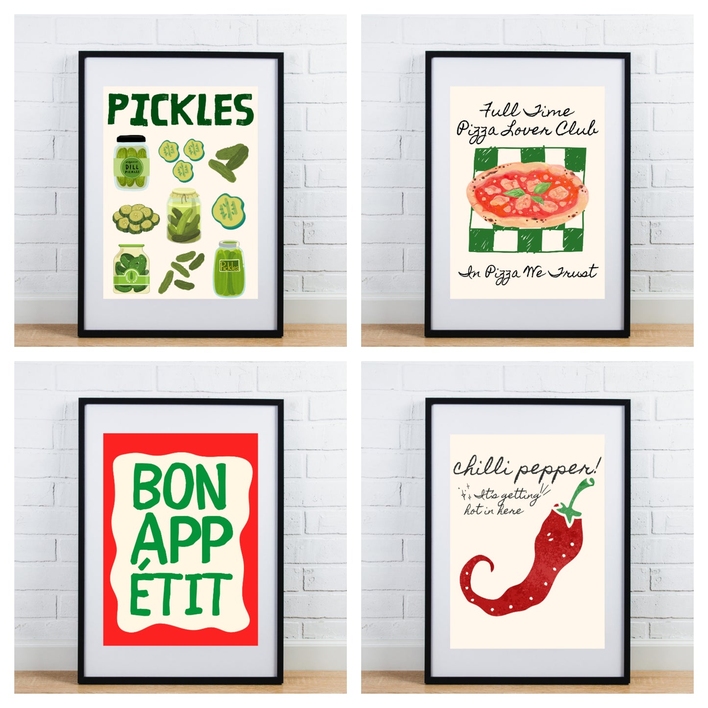 Set of 4 glossy Kitchen prints mix red green