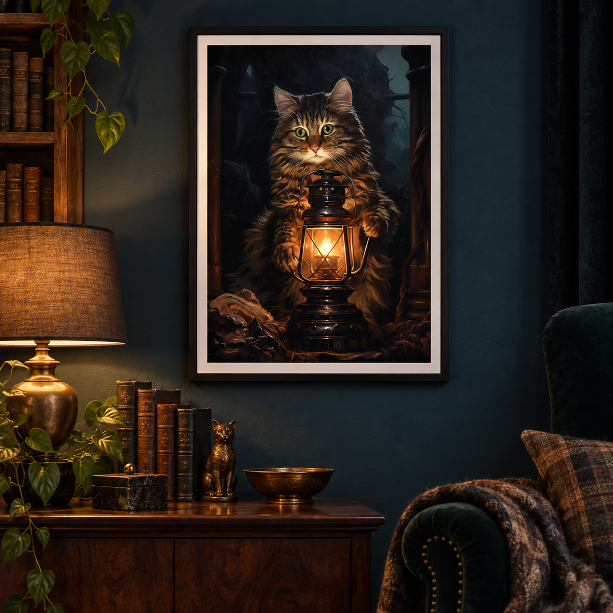 Lantern Light Cat art print in a cosy dark reading nook