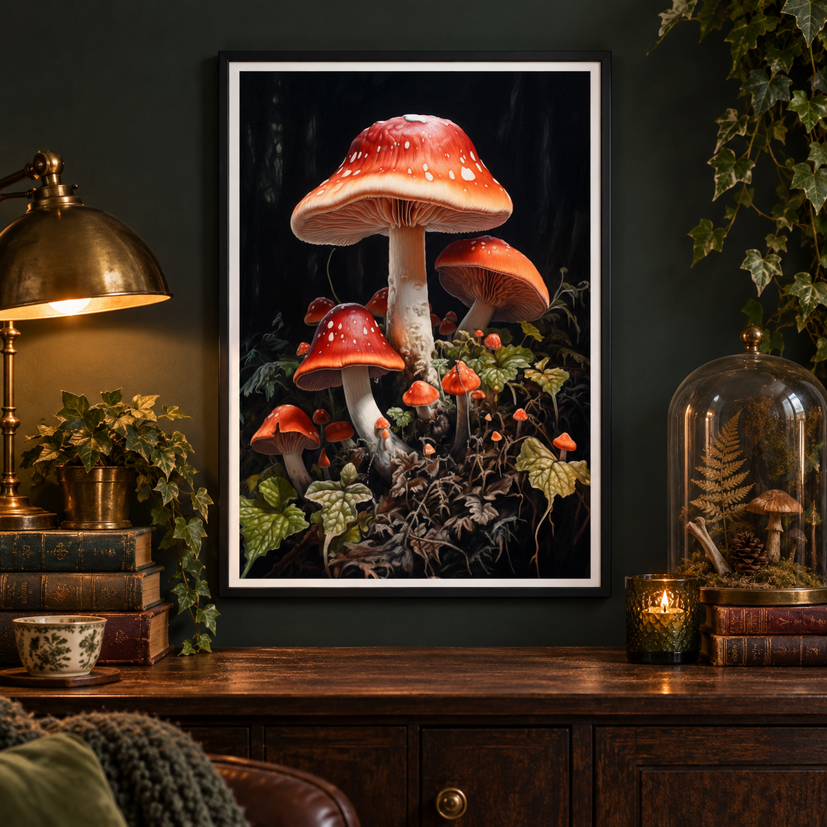 Midnight Toadstools framed art print in an enchanted reading nook