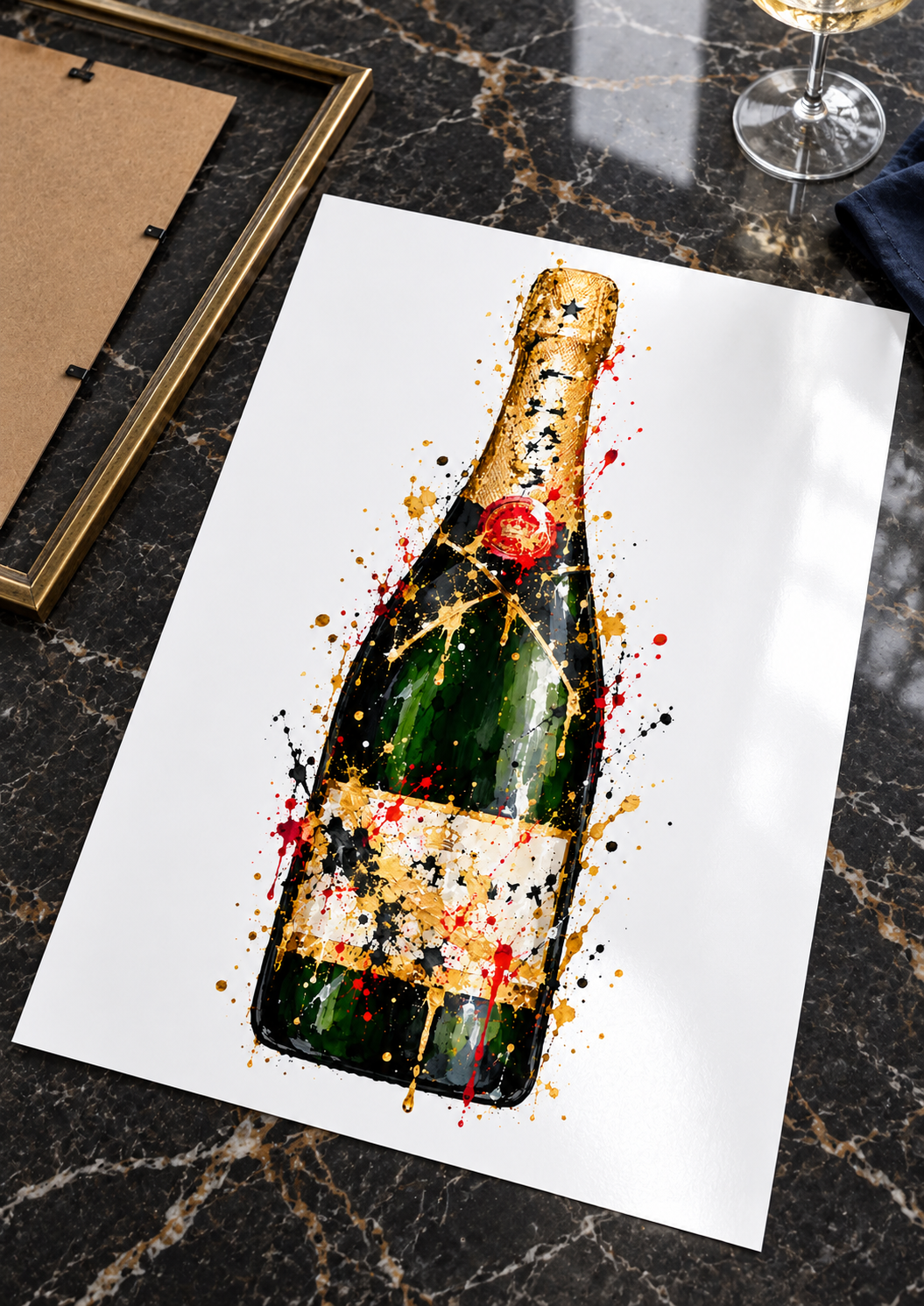 Moet Champagne splatter print unframed on glossy photo card, ready to frame