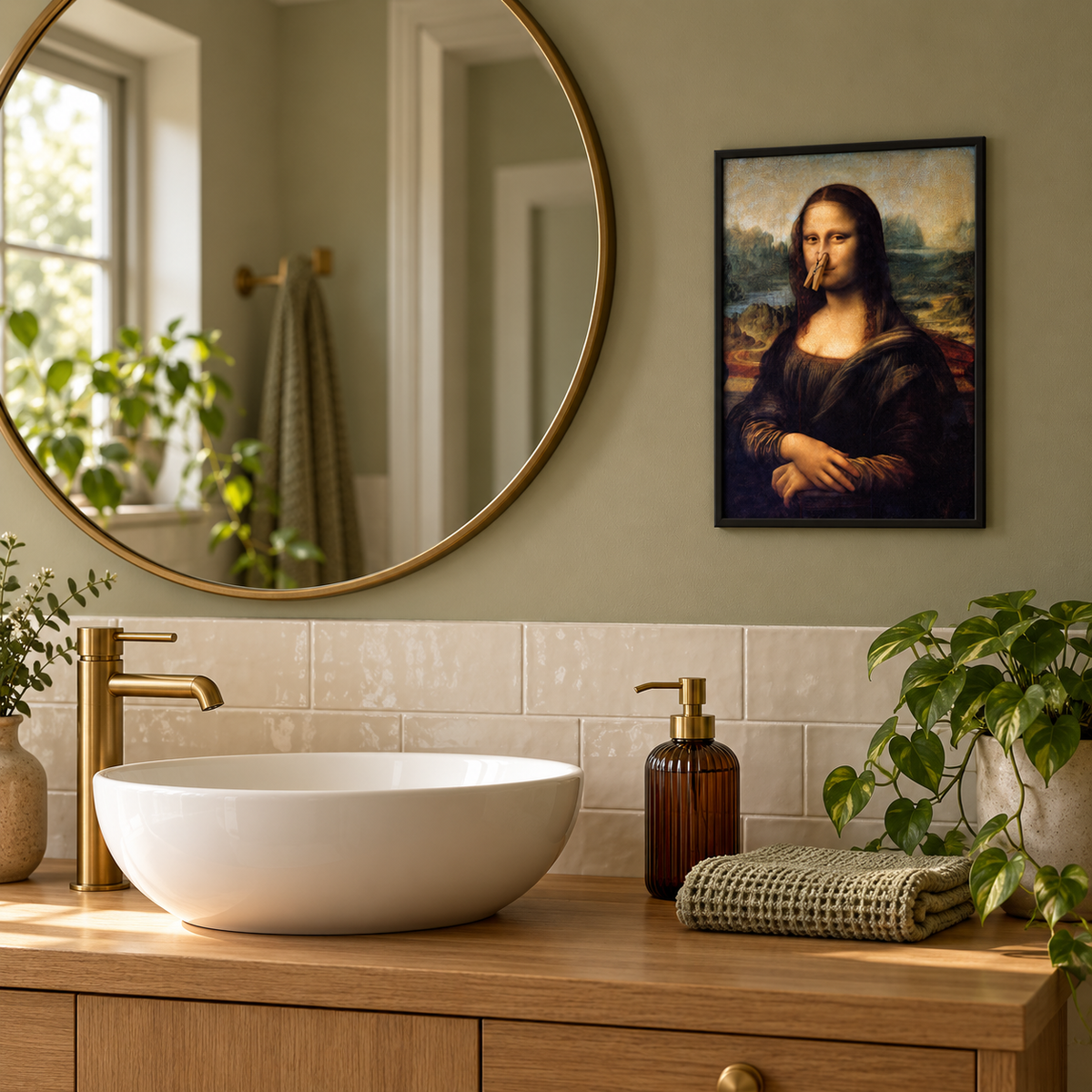 Mona Lisa nose peg bathroom print in a black frame beside a bathroom mirror