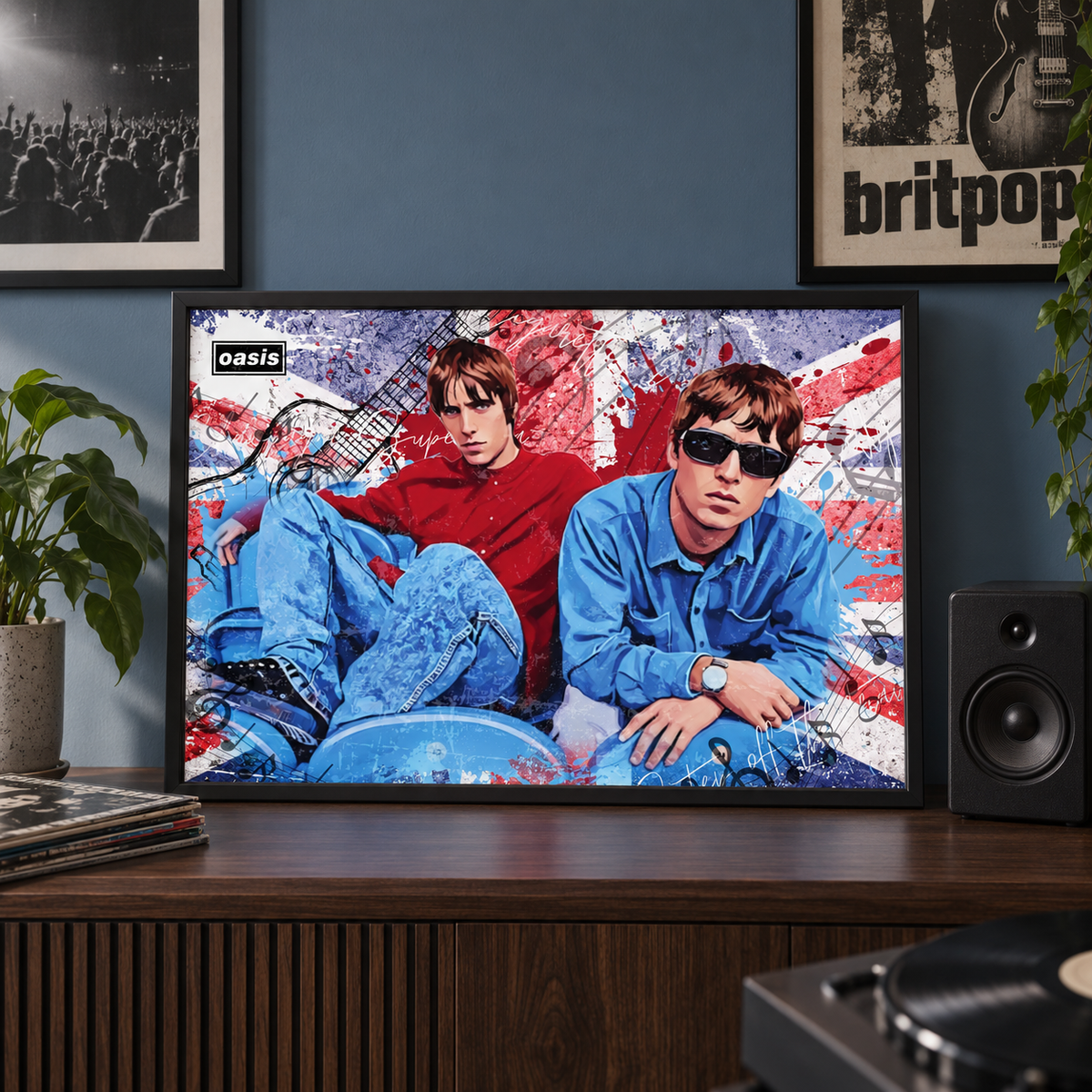 Oasis Rock 'n' Roll Star Liam and Noel landscape print in a black frame