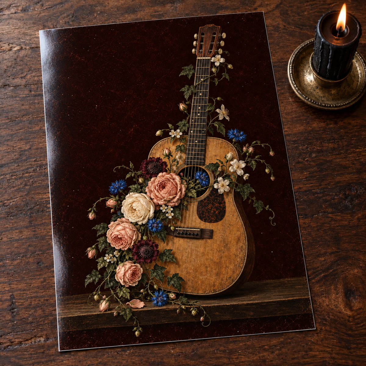 Petal Unplugged — unframed glossy photo card on a wooden table beside a gothic candle