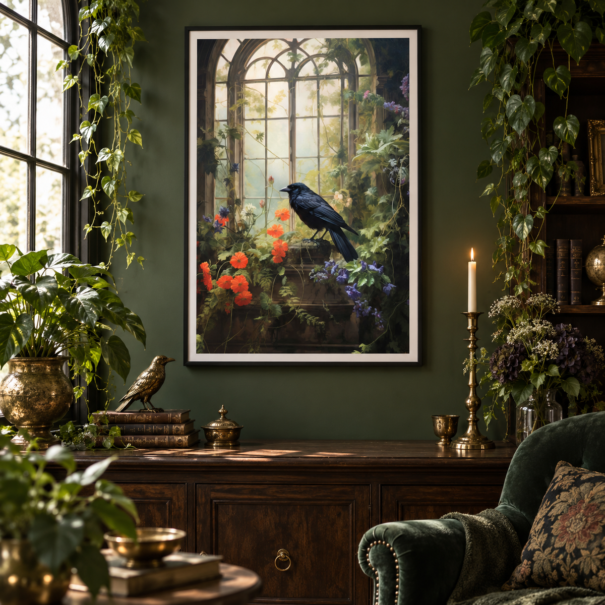 Raven in the Conservatory art print in a gothic botanical sitting room