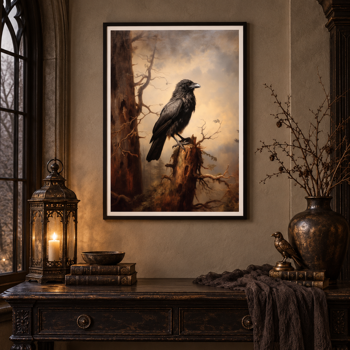 Raven in the Mist framed print in a gothic hallway