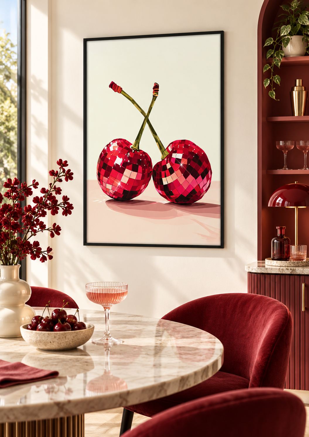Red Cherry Disco Ball wall art in a dining room home bar