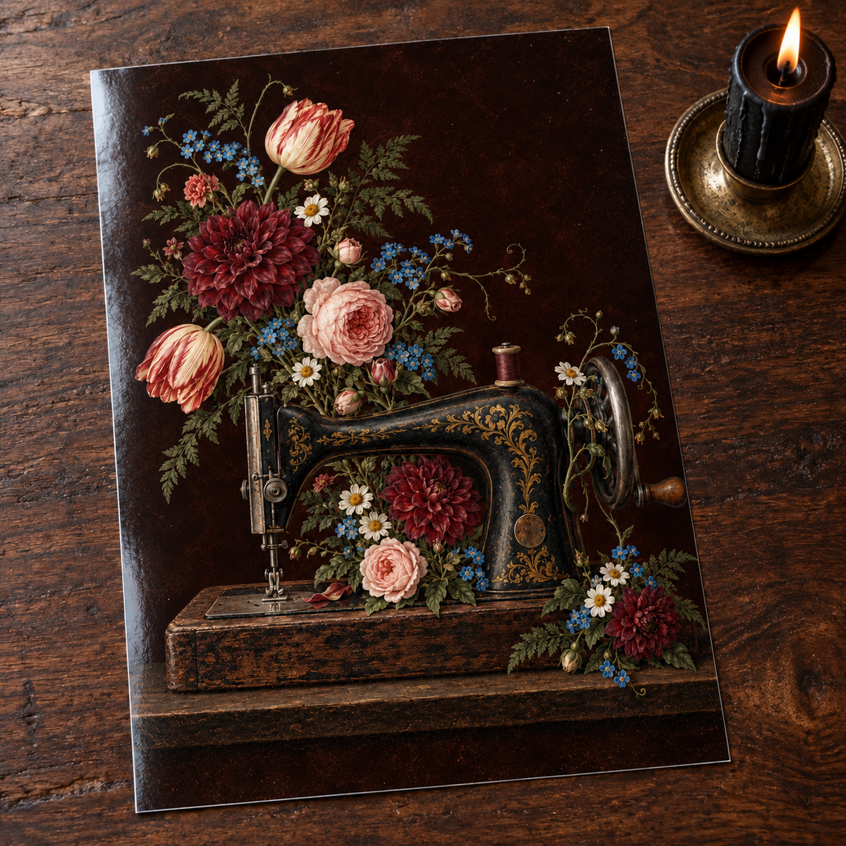 Sew in Bloom — unframed glossy photo card on a wooden table beside a gothic candle