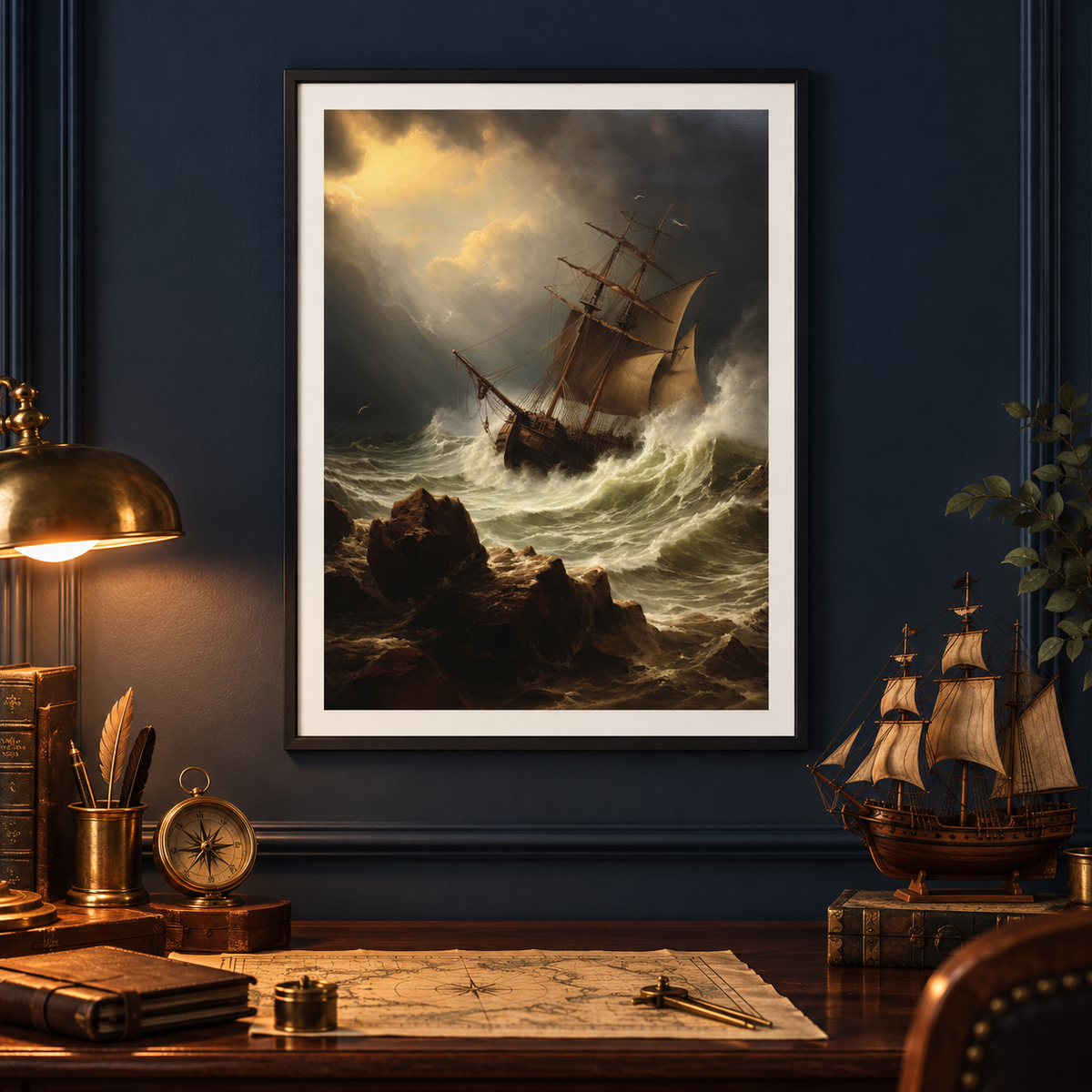 Ship in the Storm framed art print in a maritime study