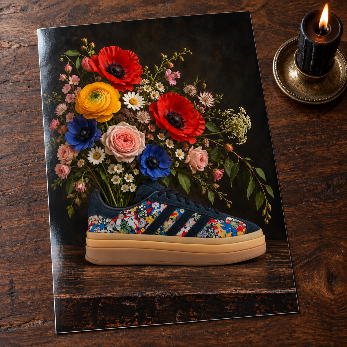 Sole in Bloom — unframed glossy photo card on a wooden table beside a gothic candle