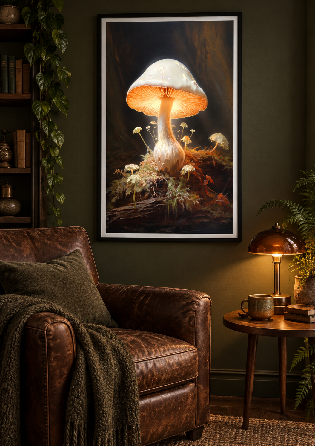 The Glowing Mushroom art print in a moody reading nook