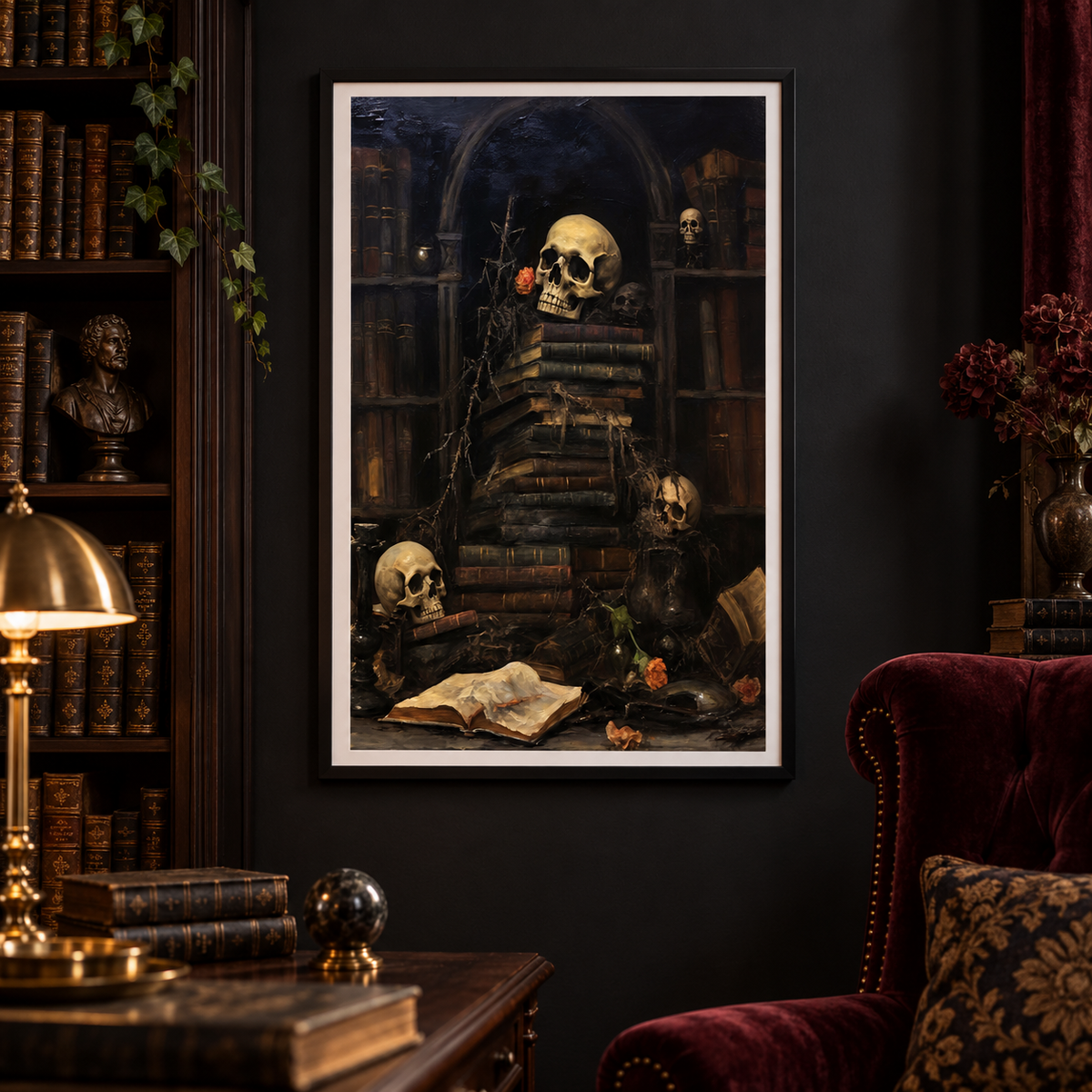 The Gothic Library art print in a dramatic home library