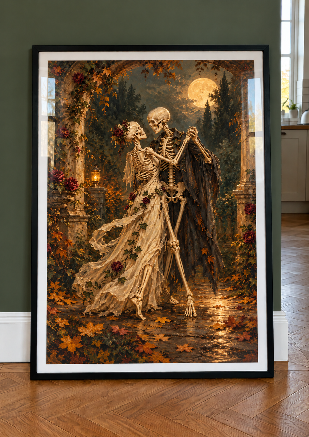 Until the Last Leaf dancing skeleton couple print in a black frame against a deep green wall