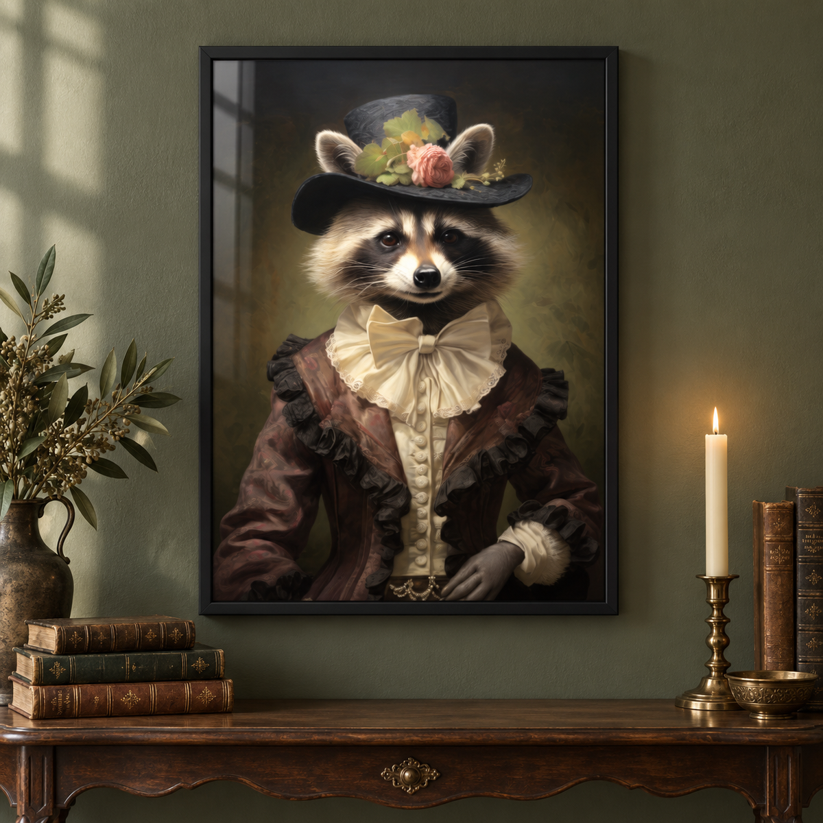 Vintage Animal Print - Lady Raccoon in a black frame, close-up lifestyle mockup