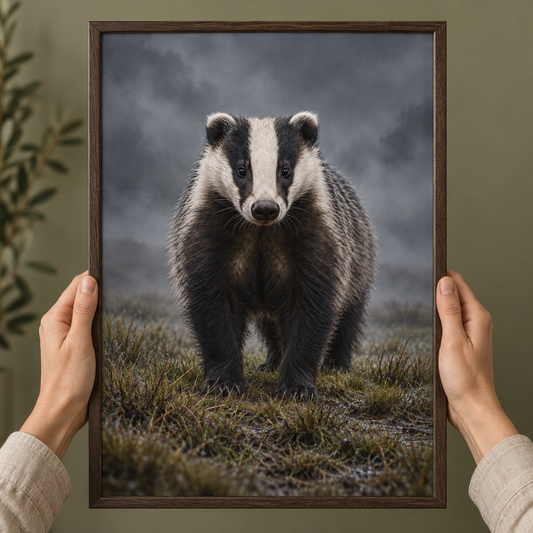 Badger – Wild & Timeless art print shown close up, held in a frame