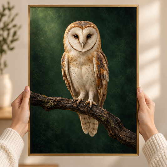 Barn Owl – Wild & Timeless art print shown close up, held in a frame