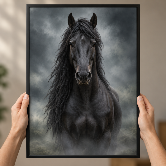Black Horse – Wild & Timeless art print shown close up, held in a frame
