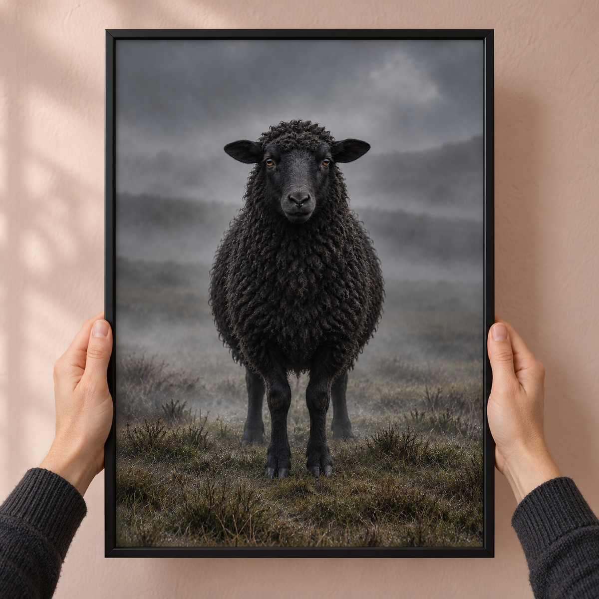 Black Sheep – Wild & Timeless art print shown close up, held in a frame